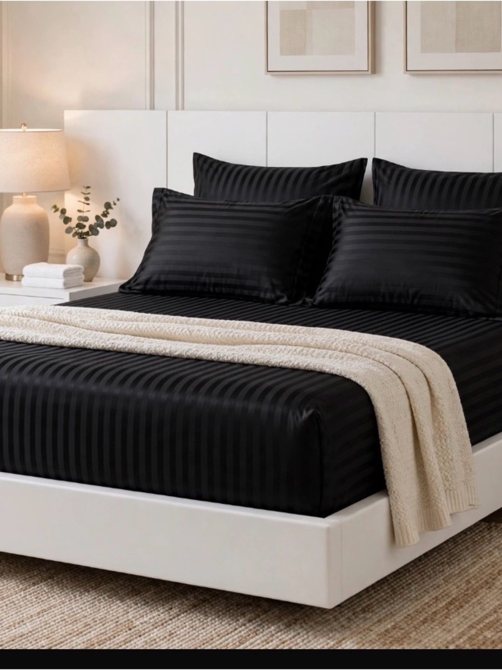 Black queen sheet set 6PC,Luxury black striped sheet set-Queen